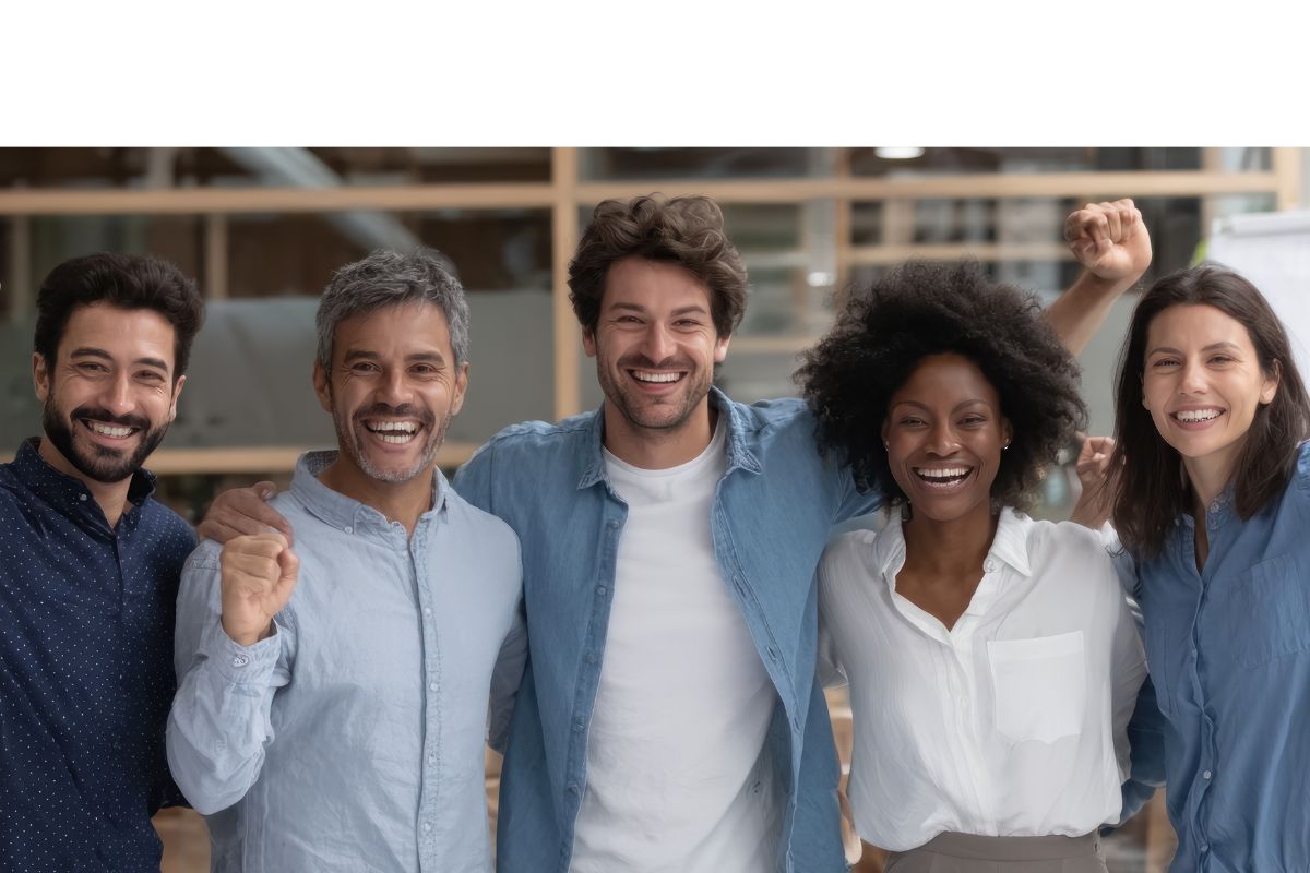 Five colleagues standing together, smiling with raised fists in a celebratory pose