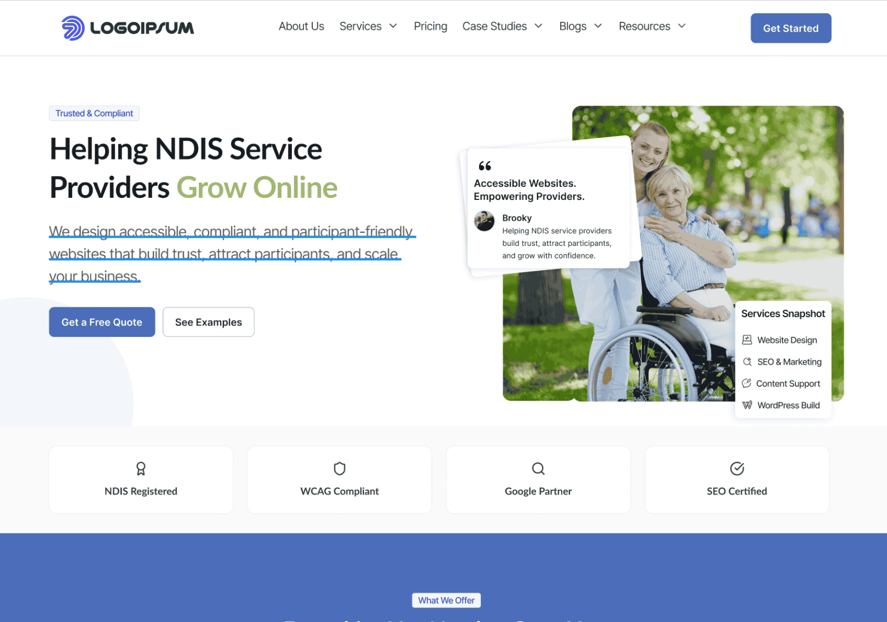 Homepage design showcasing NDIS website services